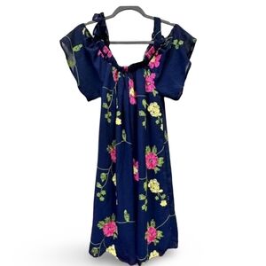 TCEC Floral Cold Shoulder Dress Navy Pink Yellow Boho Mini Short Sleeve Small